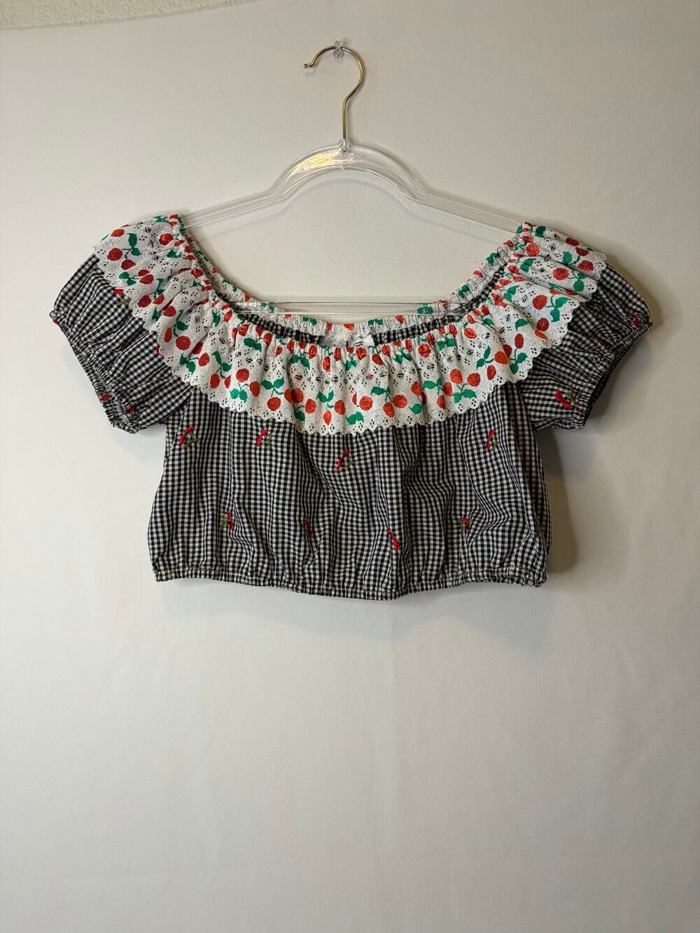 Billie Jo Retro Vintage Pinup Gingham Crop Top Cherry Lace Size Large Made USA